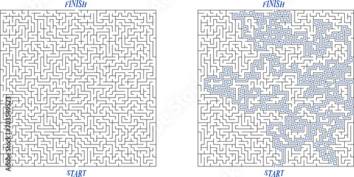 Big square labyrinth. Maze of high complexity with solution. Black and white complex riddle with very high level of difficulty. Nice brainstorm puzzle. photo