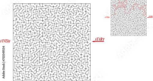 Big square labyrinth. Maze of high complexity with solution. Black and white complex riddle with very high level of difficulty. Nice brainstorm puzzle.