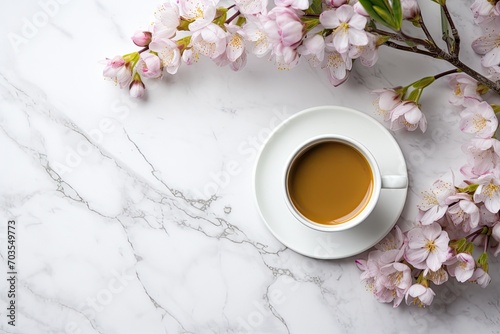 Beautiful Flowers and Coffee on a Marble Table Shot from Above with Space for Copy