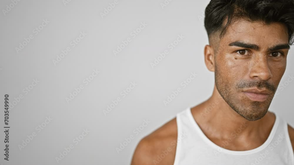 A handsome hispanic man with a beard in a white tank top poses against an isolated white wall, exuding casual confidence. A handsome hispanic man with a beard in a white tank top poses against an isolated white wall, exuding casual confidence.