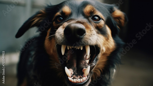 closeup aggressive dog growling and shows teeth photo