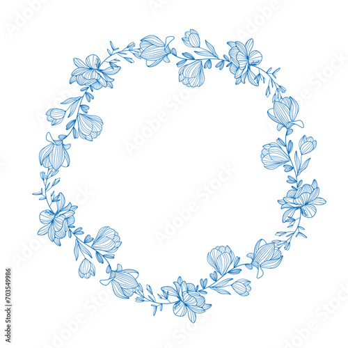 Floral frames. Round, oval, triangle, square Borders decorated with hand drawn delicate flowers, branches, leaves, blossom. Stock illustration.