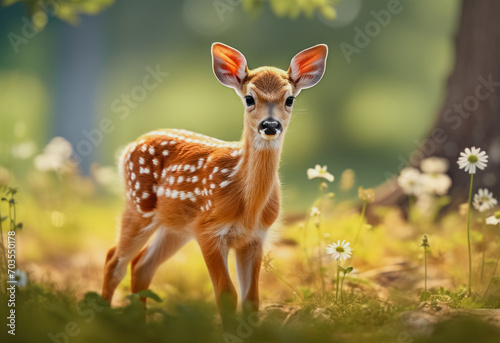young deer stands in a clearing with flowers at the edge of the forest