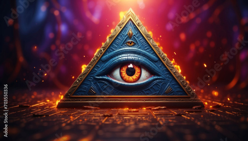 A pyramid with an all-seeing eye against a glamorous background.