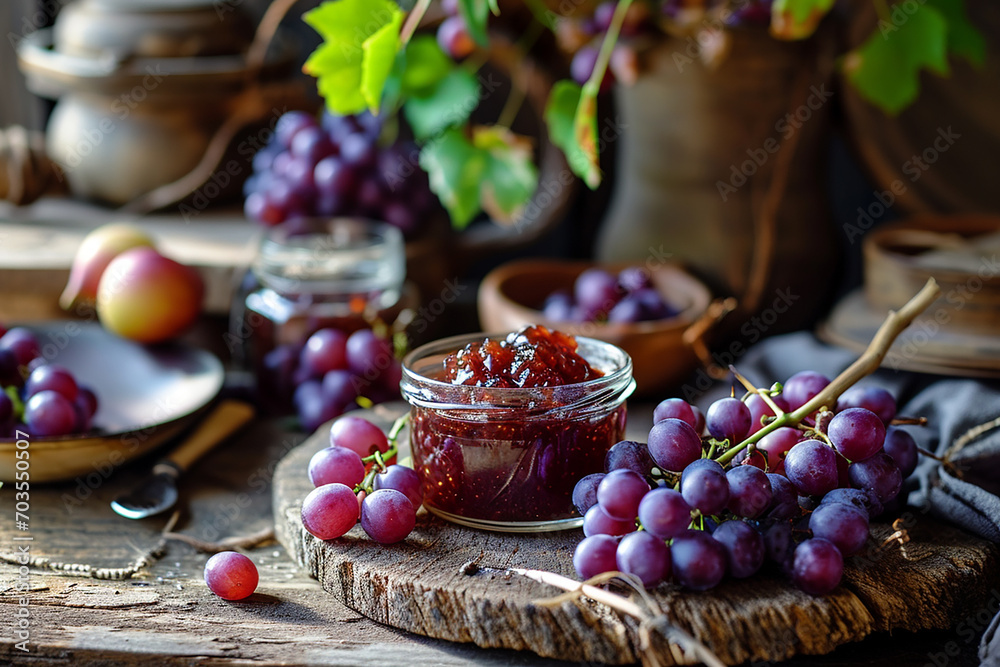 Grape Jam on Rustic Wooden Table - Generative AI Tools Created Grape Jam on Rustic Wooden Table - Generative AI Tools Created