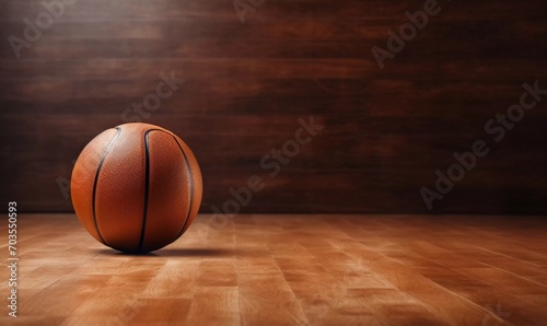 Brown leather basketball on wooden floor, Ai generator