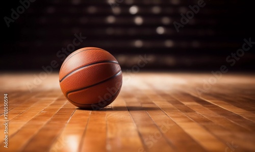 Brown leather basketball on wooden floor, Ai generator © Kateryna
