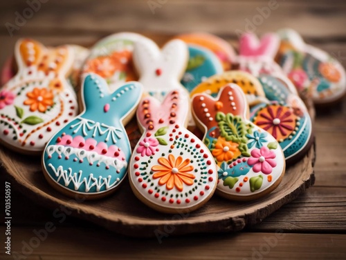 Decorated Easter cookies on a wooden table, AI generator