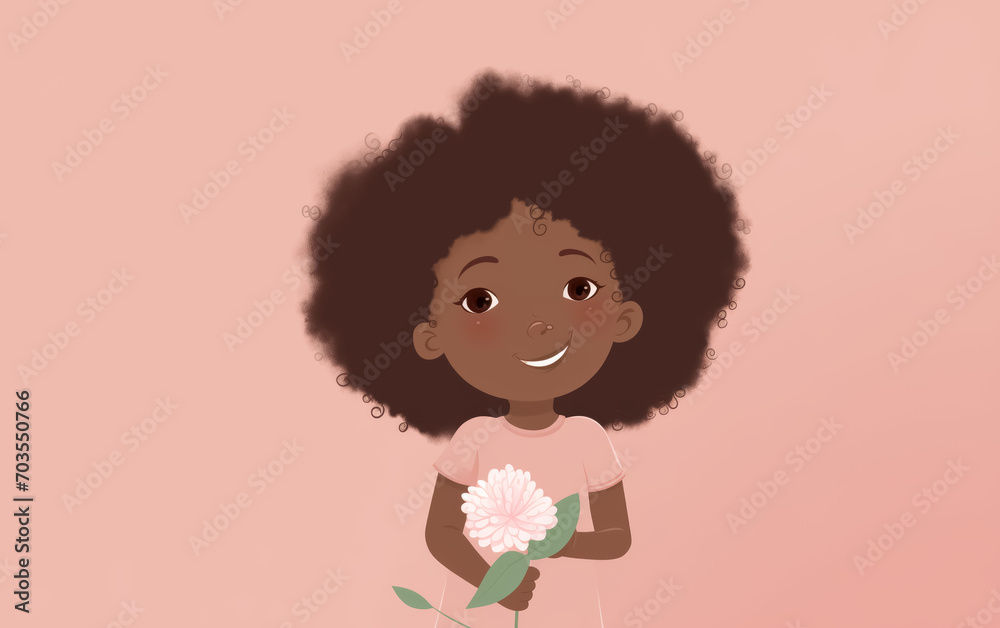 a little girl African American smiles and holds out a flower on a light background, there is space for text, illustration a little girl African American smiles and holds out a flower on a light background, there is space for text, illustration