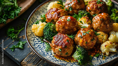 Meatballs with broccoli and cauliflower in a plate. photo