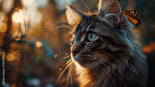  A portrait of an adorable fluffy kitten, butterfly resting on its nose, emerald eyes focused