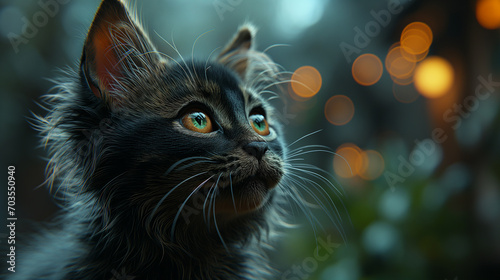  A portrait of an adorable fluffy kitten, butterfly resting on its nose, emerald eyes focused