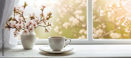 Beautiful Cup of Coffee with Flowers Next to a Spring Window