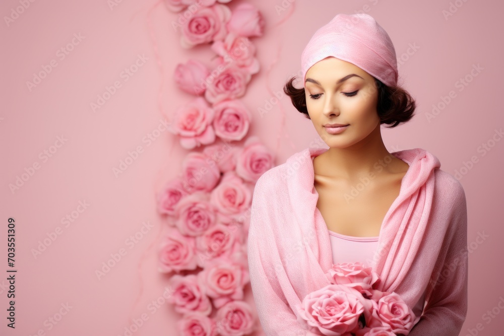 Beautiful young woman with pink towel on her head on a pink background, woman breast cancer fights day concept Beautiful young woman with pink towel on her head on a pink background, woman breast cancer fights day concept