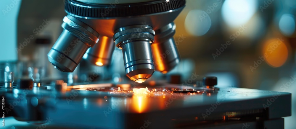 Microscopic examination of test sample in lab. Microscopic examination of test sample in lab.