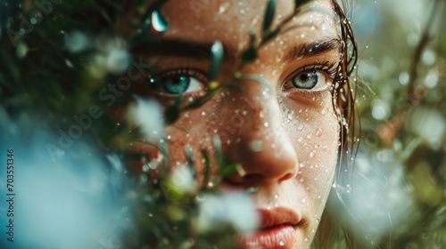 woman's face framed by misty morning dew in a garden, nature background generative ai © ThisDesign