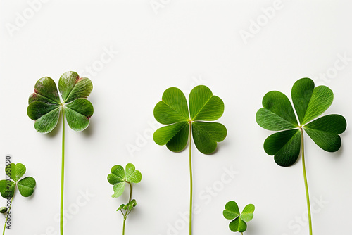 Row of Three-Leaf and Four-Leaf Clovers on White Isolated Background Created with Generative AI Tools