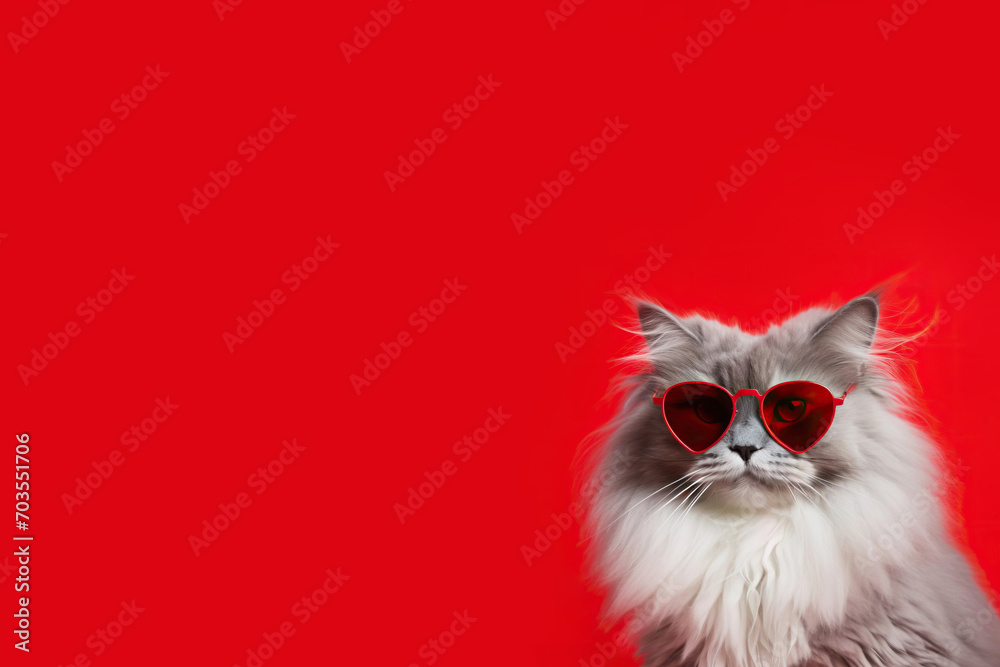 custom made wallpaper toronto digitalCloseup portrait of a big fluffy gray cat wearing heart-shaped sunglasses on a red background. Valentine Day concept. Copy space