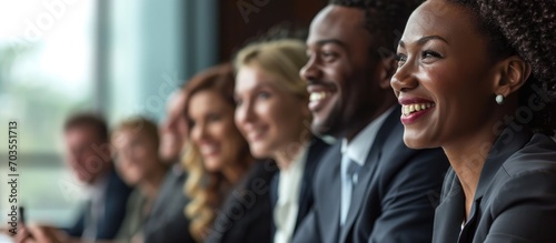 Smiling businesspeople and professionals in boardroom.