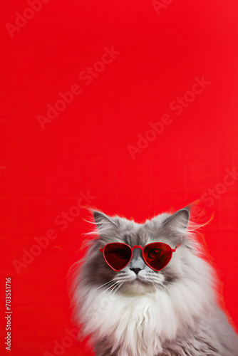 Closeup portrait of a big fluffy gray cat wearing heart-shaped sunglasses on a red background. Valentine Day concept. Copy space vertical