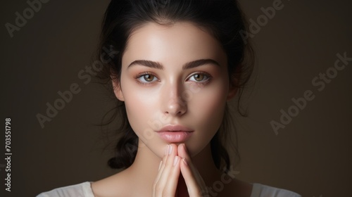 Portrait of beautiful young woman with clean fresh skin, natural make-up.