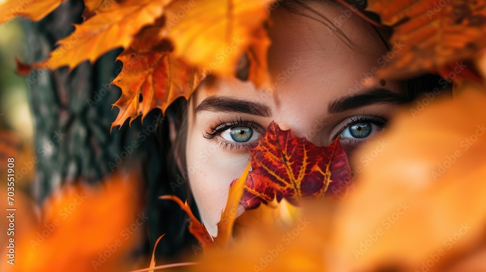 woman's face peeking through vibrant autumn leaves, forest background generative ai woman's face peeking through vibrant autumn leaves, forest background generative ai