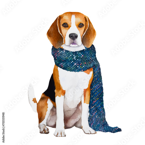 cute beagle dog wearing scarf, graphic resources with transparent background, animal watercolor drawing