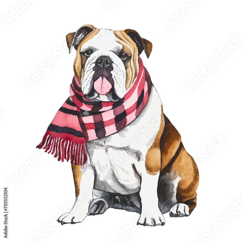 cute English bulldog wearing scarf, graphic resources with transparent background, animal watercolor drawing