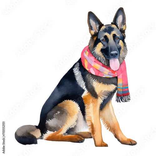 cute german shepherd dog wearing scarf, graphic resources with transparent background, animal watercolor drawing