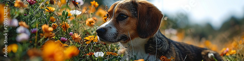 Beagle-Hund auf der Blumenwiese, Panoramafoto. photo