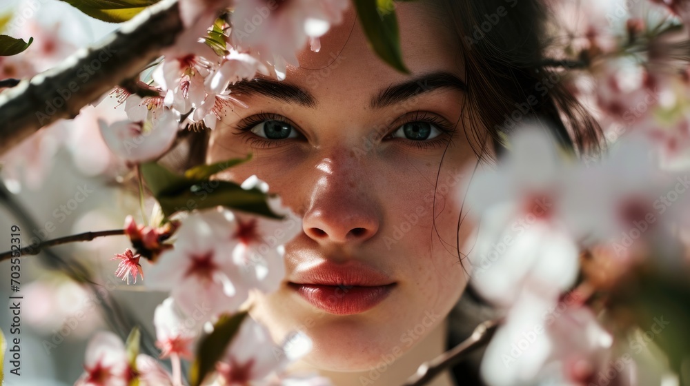 Fototapeta premium woman's face surrounded by cherry blossoms, springtime background generative ai
