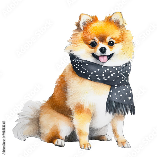 cute Pomeranian dog wearing scarf, graphic resources with transparent background, animal watercolor drawing