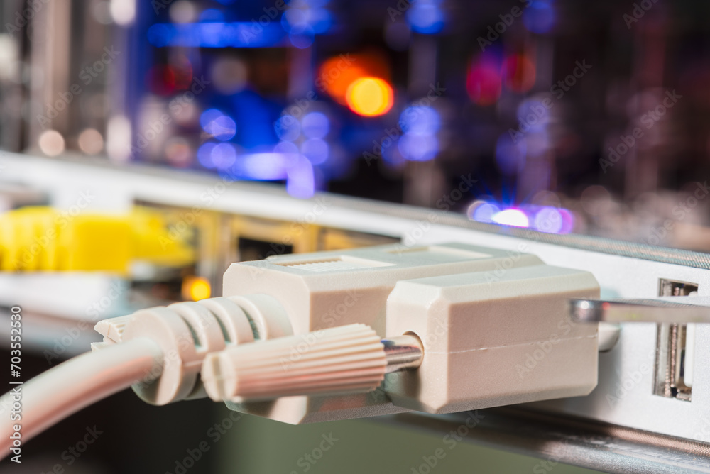 Telecommunication Cable Connected to Internet Switch Close-up Telecommunication Cable Connected to Internet Switch Close-up