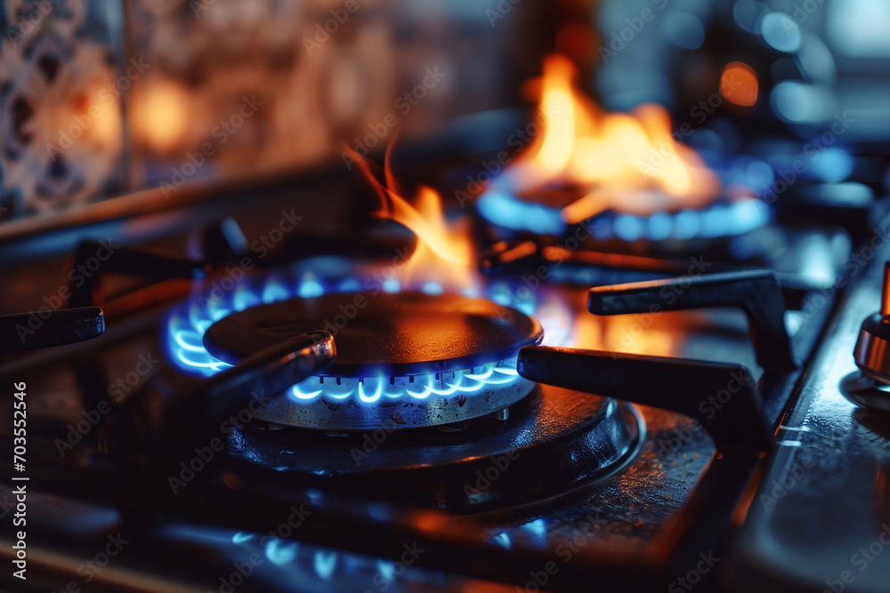 Two Burning Gas Burners on Kitchen Gas Stove with Flames Created with Generative AI Tools Two Burning Gas Burners on Kitchen Gas Stove with Flames Created with Generative AI Tools