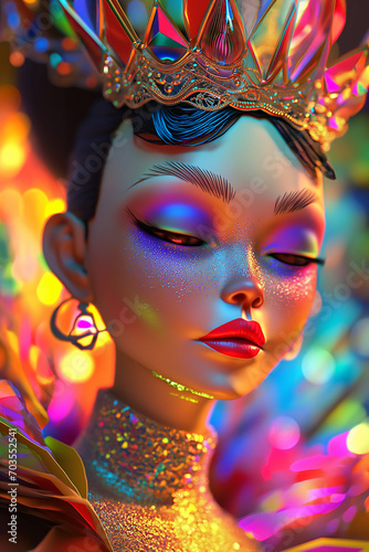 AI generated beautiful glowing animated asian woman wearing crown and jewels.