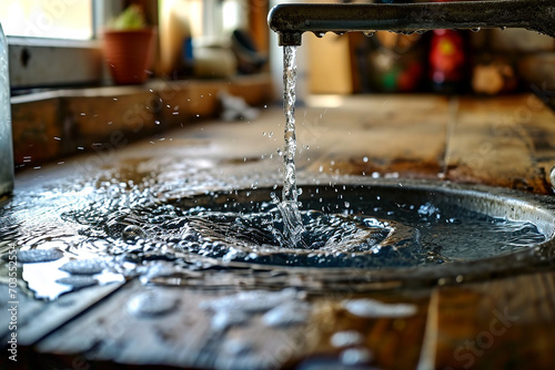 Water Jet Flowing into Open Drain in Kitchen Sink - Generative AI Tools Created