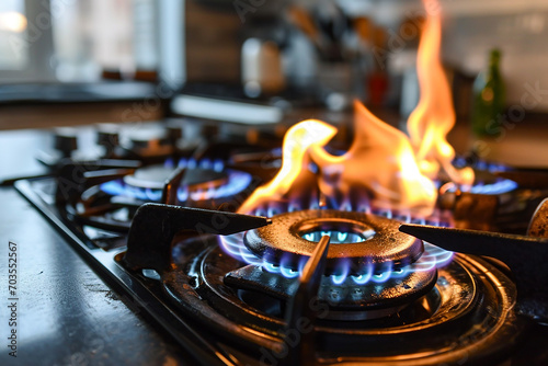 Two Burning Gas Burners on Kitchen Gas Stove with Flames Created with Generative AI Tools
