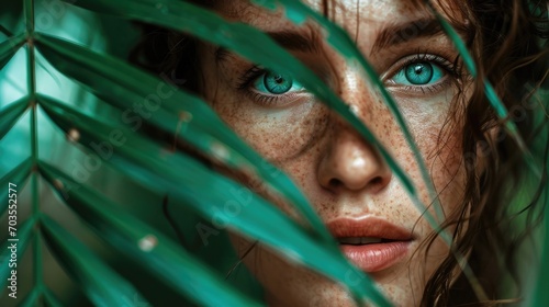 woman's face surrounded by tropical palm leaves, island background generative ai