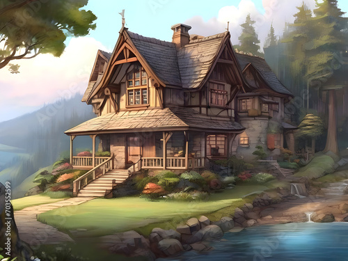 A Beautiful Wooden House on the lake Ai Generated © Romana Rupa