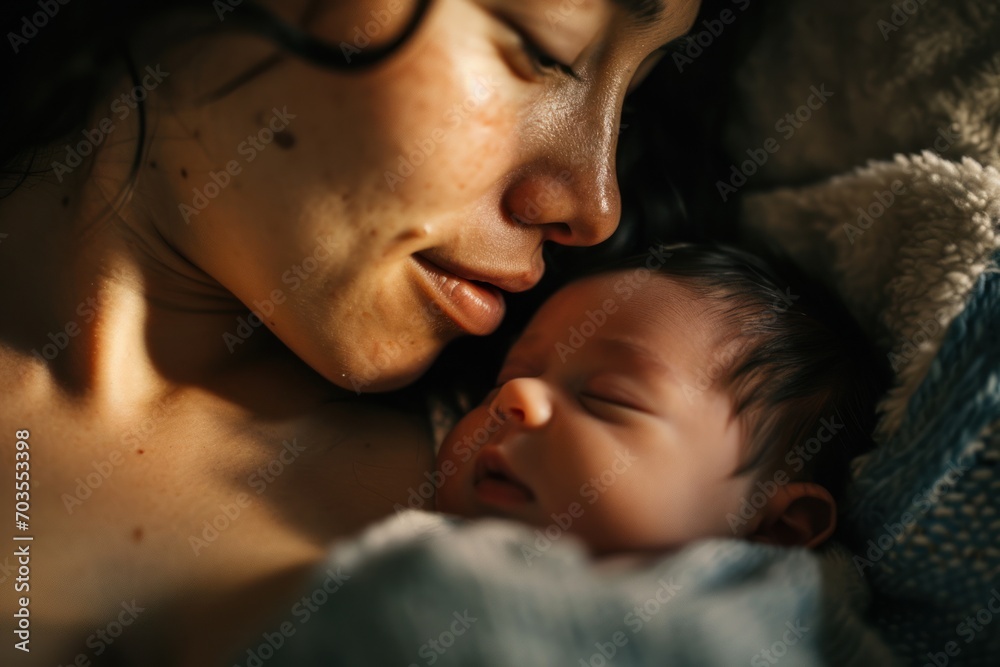 The picture captures the tenderness of an Asian mom with her baby in a peaceful sleep, embodying the essence of motherhood The picture captures the tenderness of an Asian mom with her baby in a peaceful sleep, embodying the essence of motherhood