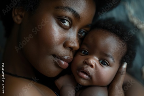The image conveys the bond between an African mother and her baby, capturing a moment of tranquility and maternal love