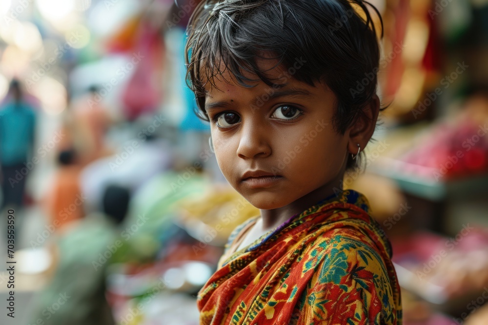 An image capturing the reality of a young person's life in an Indian village, navigating the challenges of poverty on a busy street An image capturing the reality of a young person's life in an Indian village, navigating the challenges of poverty on a busy street