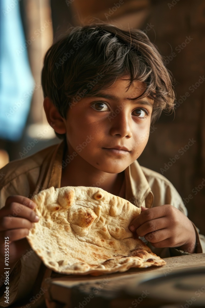 A snapshot of an Indian child with flatbread, showcasing the daily life of children facing poverty and limited food resources A snapshot of an Indian child with flatbread, showcasing the daily life of children facing poverty and limited food resources