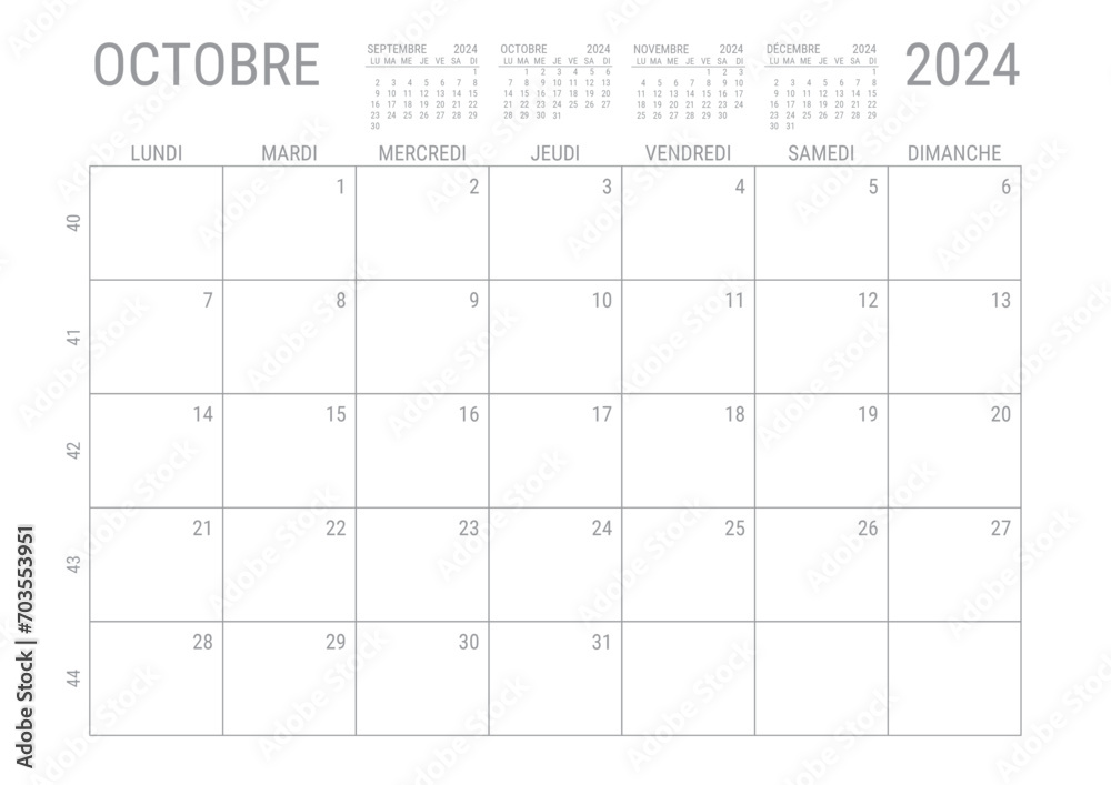 Calendrier Octobre 2024 Mensuel Planificateur avec Numero de Semaine à