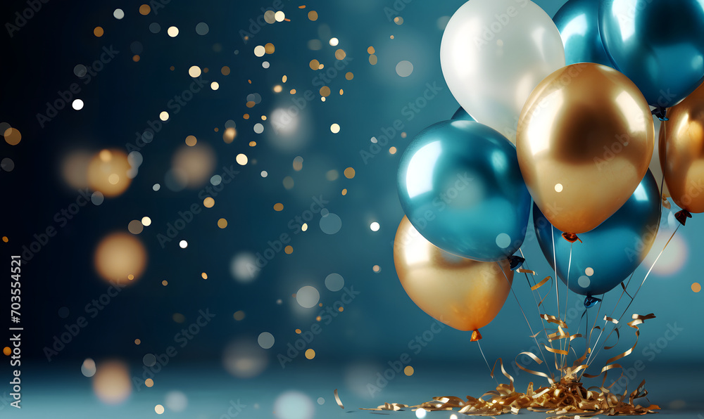 Holiday background with golden and blue metallic balloons, confetti and ...