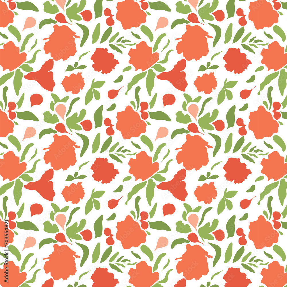 Pomegranate flowers pattern. Abstract modern flowers, buds and leaves of pomegranate. For textiles, textiles, wallpaper