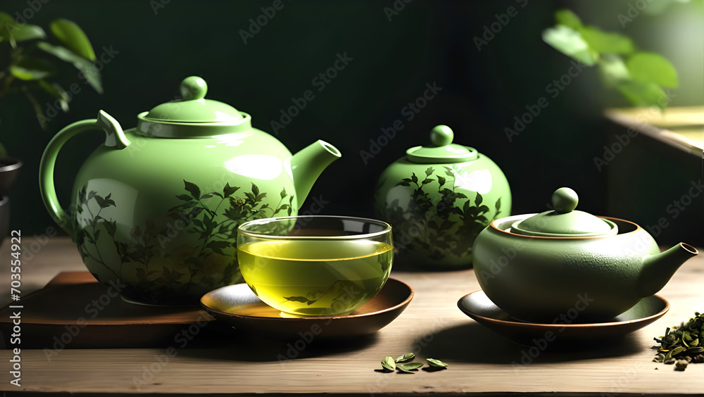 Green teapot and cup of tea Ai Generated