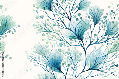 Seamless watercolor pattern with teal and green sea weeds on white background. Design for textile, wallpaper, wrapping paper, stationery. Poster for ocean-themed interior.