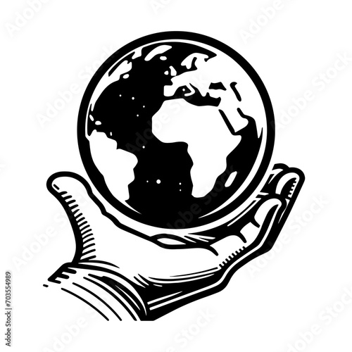 Hand Holding Earth Planet monochrome clip art. Vector illustration