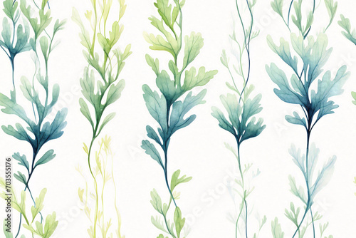 Seamless watercolor pattern with teal and green sea weeds on white background. Design for textile, wallpaper, wrapping paper, stationery. Poster for ocean-themed interior. photo